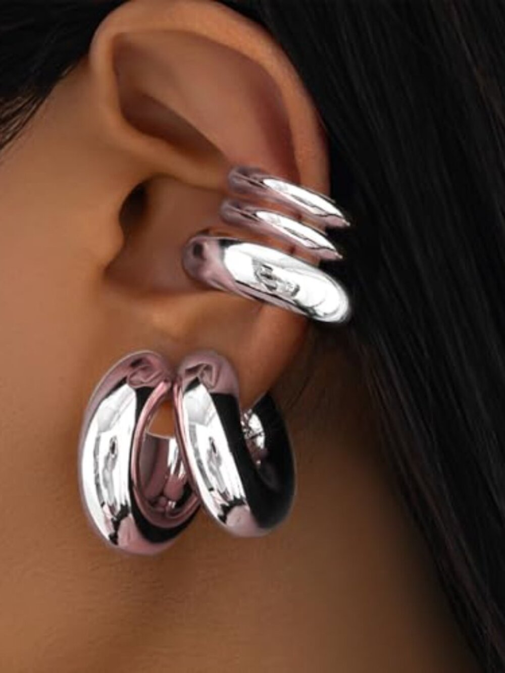 5Pcs Ear Cuff Ears Statement Gold Round Hie Hoop Chunky‎ Big Silver Clip On